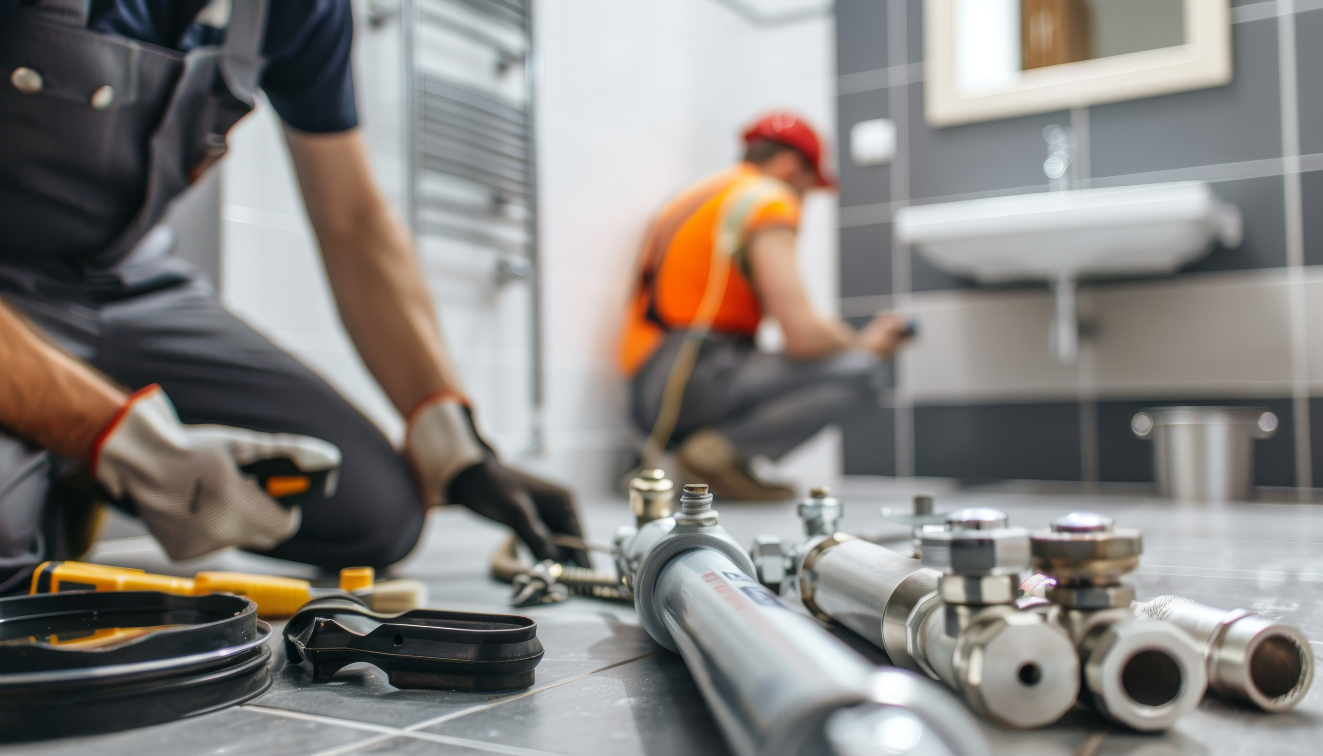 Illustrated plumbing tools, pipes and fixtures prepared for professional service