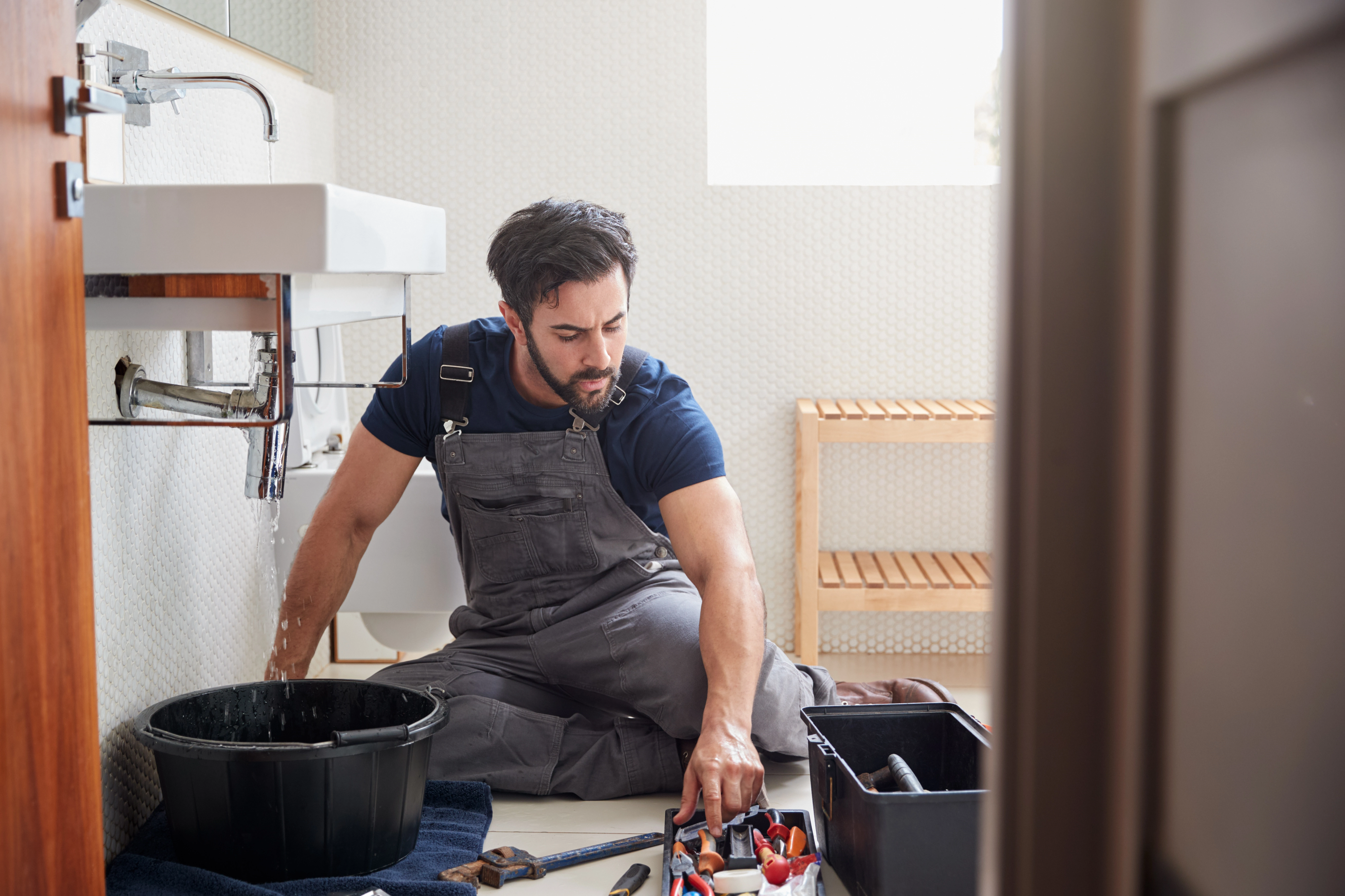 Plumbing professional inspecting pipes and household utility connections