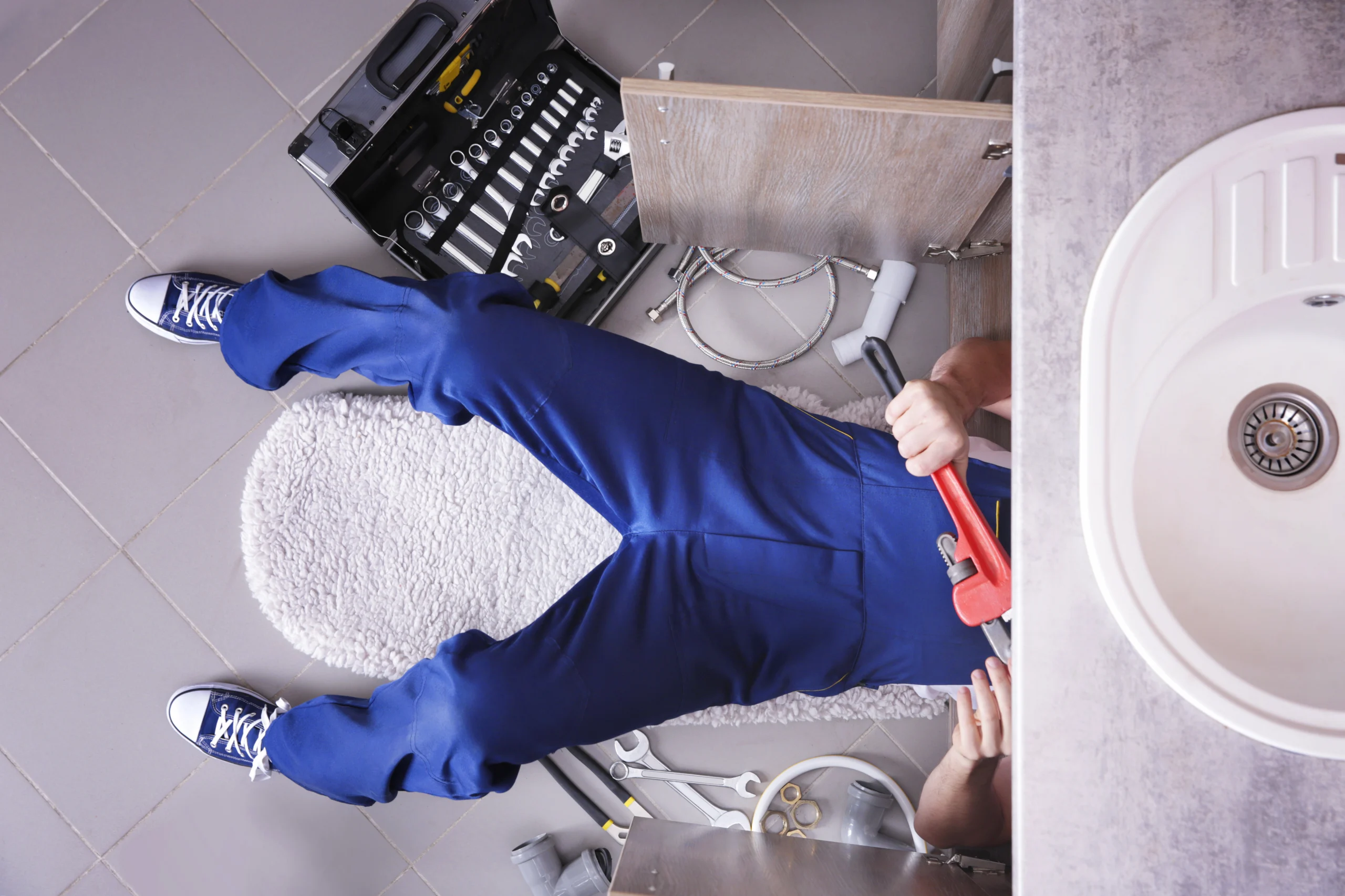 Professional plumber repairing household water pipes