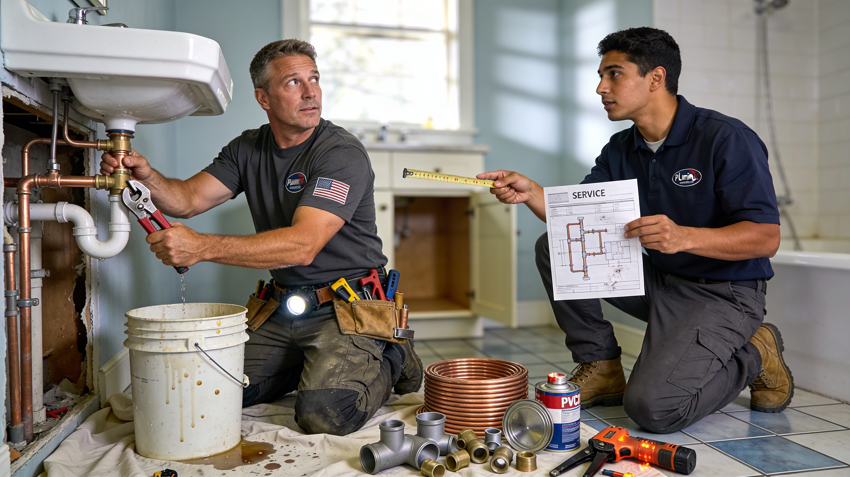 Illustrated plumbing service board with pipes, valves and repair tools