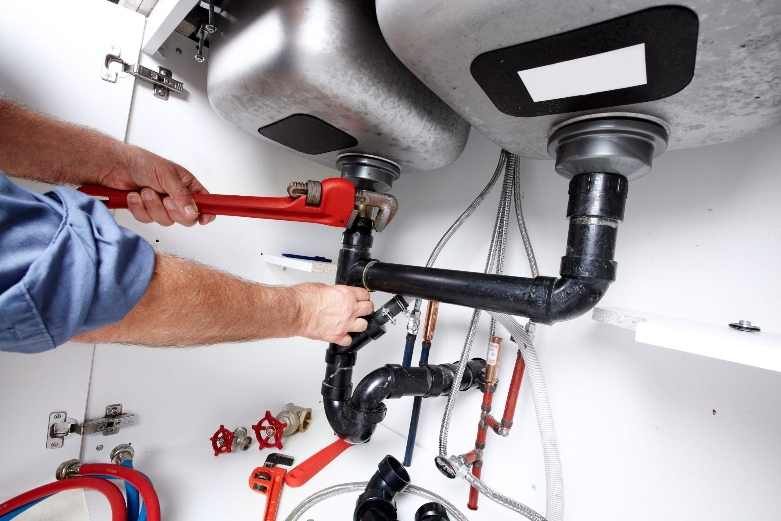 Illustrated plumber preparing tools for a household repair