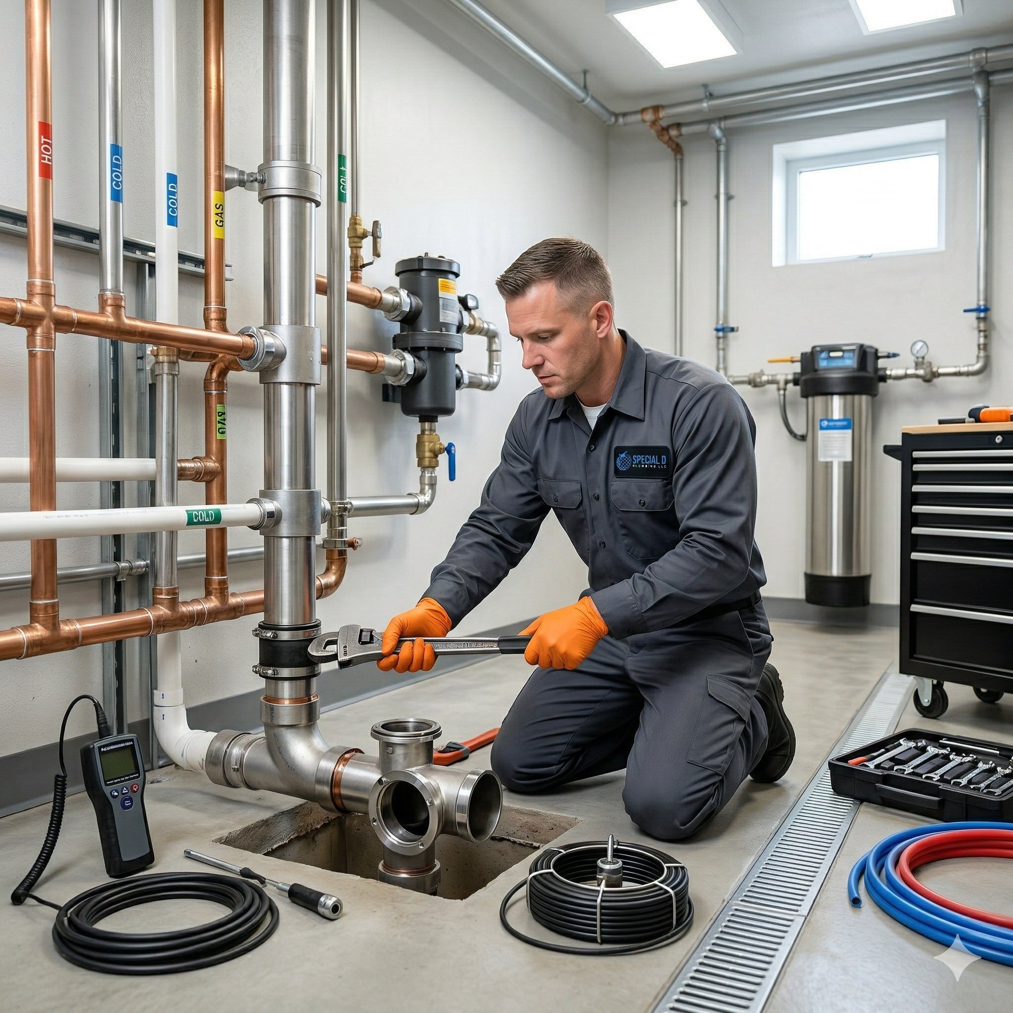 Illustrated plumbing tools, fittings and repair equipment